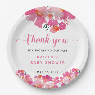 Assiettes En Carton Bébé en Fleur Baby shower rose Floral Aquarelle N