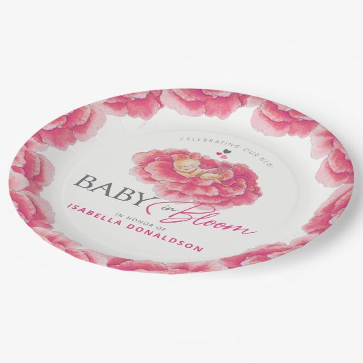Assiettes En Carton Bébé en Fleur blanc baby shower rose aquarelle (Angle)