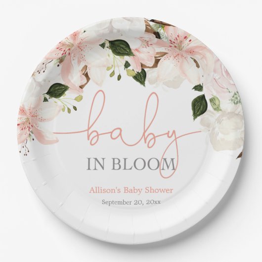 Assiettes En Carton Bébé en Fleur blanc rose lys (Devant)