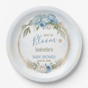 Assiettes En Carton Bébé En Fleur Bleu Floral Élégant Baby shower Garç