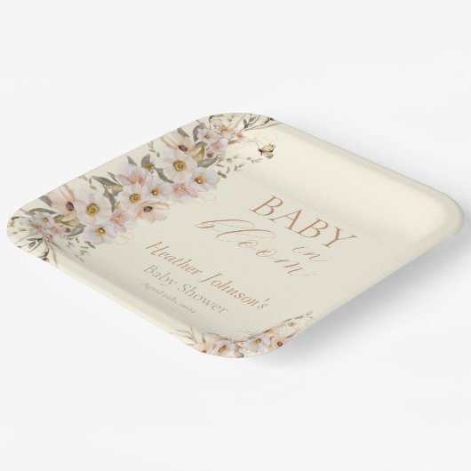 Assiettes En Carton Bébé En Fleur Boho Baby shower neutre (Angulaire)