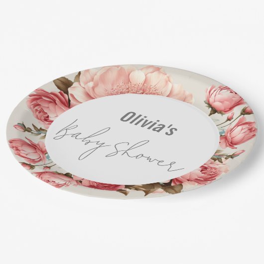Assiettes En Carton Bébé en fleur Élégant Baby shower rose Fleur (Angle)