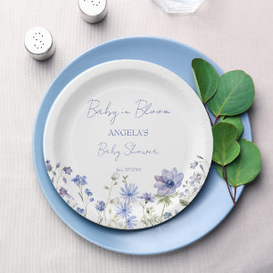 Assiettes En Carton Bébé en fleur Fleur sauvage baby shower bleu pouss