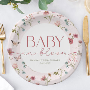 Assiettes En Carton Bébé en fleur Fleur sauvage Baby shower rose
