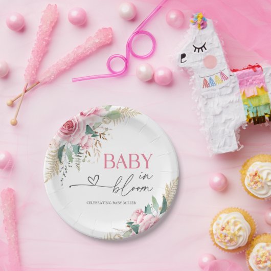 Assiettes En Carton Bébé En Fleur Rose Baby shower Plaques en papier (Fête)