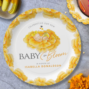 Assiettes En Carton Bébé en Fleur whimsy baby shower jaune aquarelle