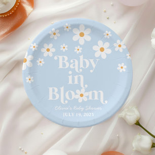 Assiettes En Carton Bébé en fleurs ! Baby shower rétro bohème bleu fle