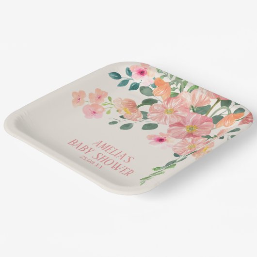 Assiettes En Carton Bébé en fleurs boho fleuri chic baby shower fille (Angulaire)