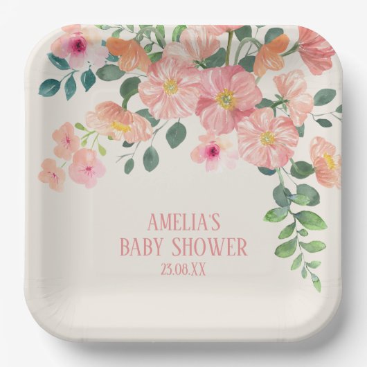 Assiettes En Carton Bébé en fleurs boho fleuri chic baby shower fille (Recto)