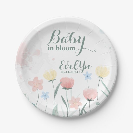 Assiettes En Carton bébé en fleurs fleurs sauvages aquarelle (Devant)