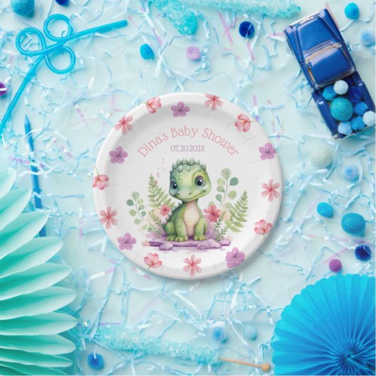 Assiettes En Carton Bébé Fille Dinosaure rose et violet Fleurs (Fête)