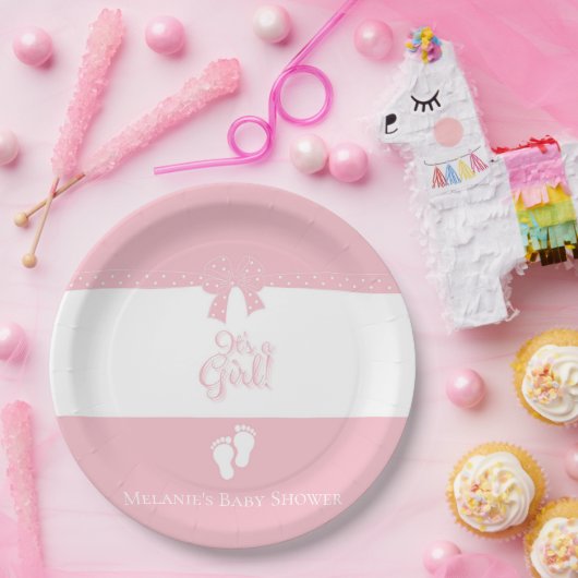 Assiettes En Carton Bébé Fille Rose Bows & Little Feet Custom (Fête)