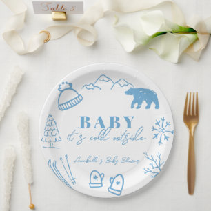 Assiettes En Carton Bébé il fait froid dehors Baby Shower Bleu dessiné