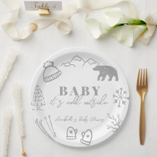 Assiettes En Carton Bébé il fait froid dehors Baby Shower Gris Dessin