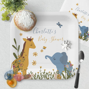 Assiettes En Carton Bébé mignon Animaux Floral Baby shower Carré