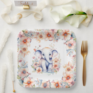 Assiettes En Carton Bébé mignon Baby shower de fille d'éléphant