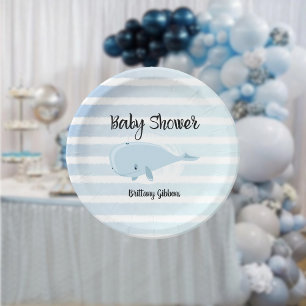 Assiettes En Carton Bébé mignon Bleu Baleine Baby shower rayé