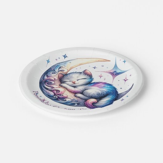 Assiettes En Carton Bébé mignon chaton dormant sur la lune (Angle)