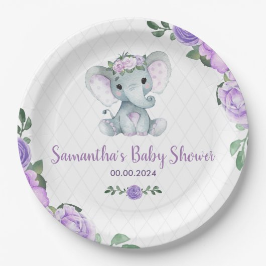 Assiettes En Carton Bébé mignon Eléphant Fille Purple Plaques de papie (Devant)