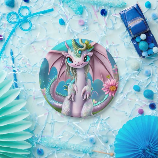 Assiettes En Carton Bébé mignon et souriant Dragon aux fleurs (Fête)