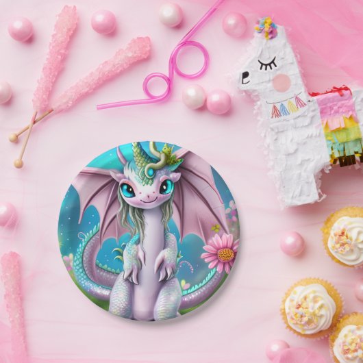 Assiettes En Carton Bébé mignon et souriant Dragon aux fleurs (Fête)