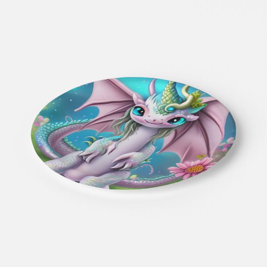 Assiettes En Carton Bébé mignon et souriant Dragon aux fleurs (Angle)