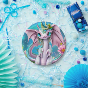 Assiettes En Carton Bébé mignon et souriant Dragon aux fleurs