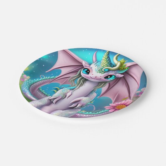 Assiettes En Carton Bébé mignon et souriant Dragon aux fleurs (Angle)