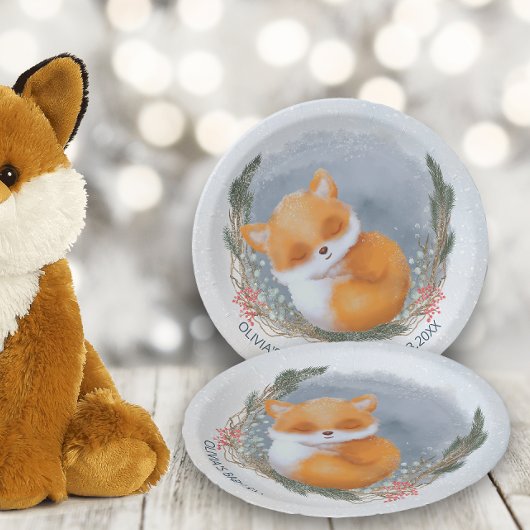 Assiettes En Carton Bébé mignon Fox Baby shower hiver neige