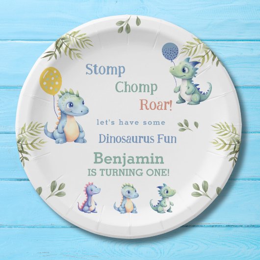 Assiettes En Carton Bébé mignon garçon bleu Dinosaur 1er anniversaire