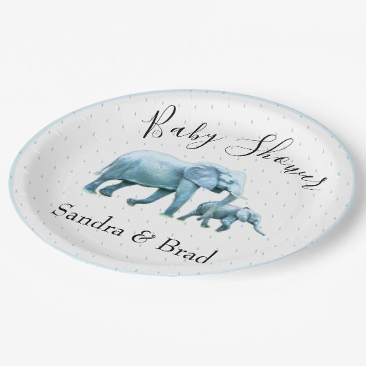 Assiettes En Carton Bébé mignon garçon bleu Eléphants Baby shower (Angle)