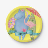 Assiettes En Carton Bébé mignon Hippo avec Flamant rose Nom personnali (Devant)