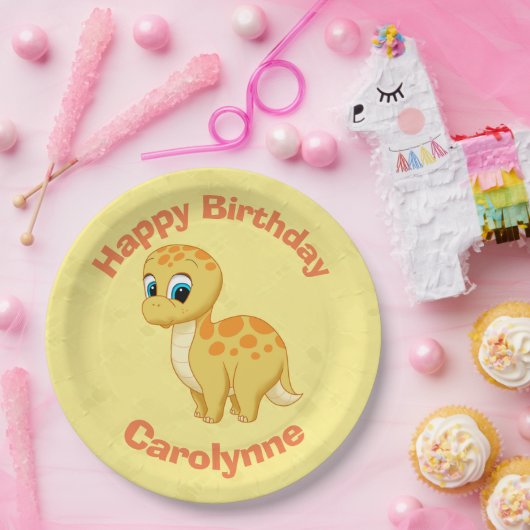 Assiettes En Carton Bébé mou Brontosaurus Dinosaur Cutisaurus Jaune (Fête)