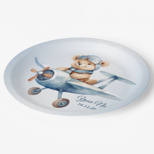 Assiettes En Carton Bébé mou Ours Pilote Avion bleu (Angle)
