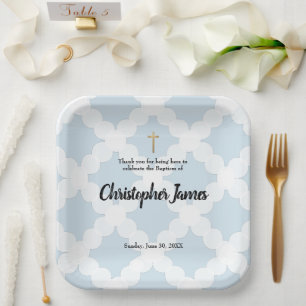 Assiettes En Carton Bébé personnalisé garçon bleu Baptême & Croix d'or