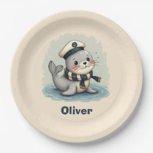 Assiettes En Carton Bébé phoque mignon avec chapeau et écharpe de mari