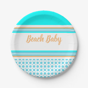 Assiettes En Carton Bébé plage motif rayé orange aqua bleu fête