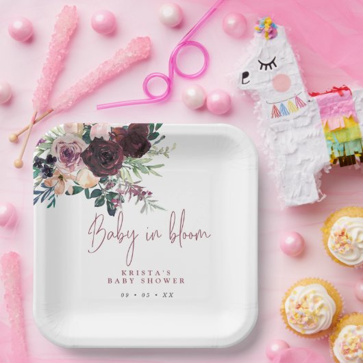 Assiettes En Carton Bébé Rose Bourgogne dans le Baby shower en fleurs (Fête)
