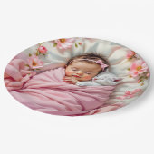 Assiettes En Carton Bébé rose floral fille et chaton blanc (Angle)