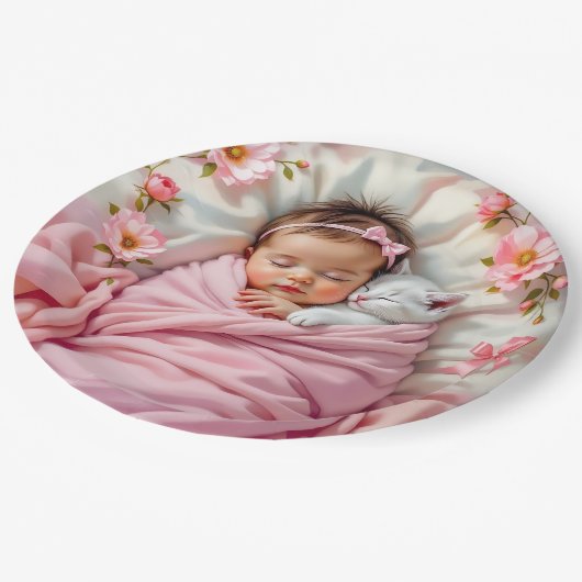 Assiettes En Carton Bébé rose floral fille et chaton blanc (Angle)