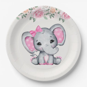 Assiettes En Carton Bébé rose mignon éléphant et frontière Rose