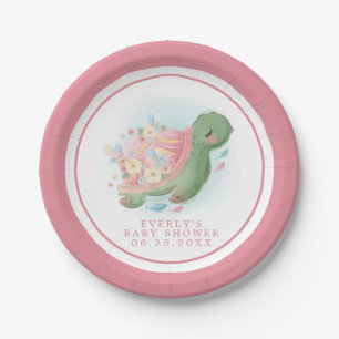 Assiettes En Carton Bébé Rose Tortue de Mer Florale Baby Shower