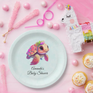 Assiettes En Carton Bébé rose Tortue de mer Whimsical & Baby shower mi