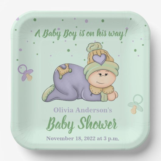 Assiettes En Carton Bébé Snuggle - Baby shower vert & violet (Recto)