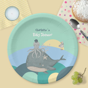 Assiettes En Carton Bébé sous-marine fantaisiste Baleine Calamar Vert