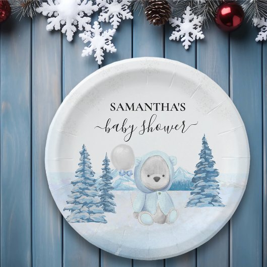 Assiettes En Carton Bébé Teddy Ours Noël Hiver Bleu