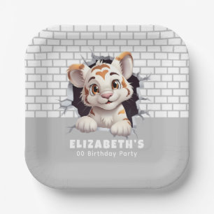 Assiettes En Carton Bébé Tigre Adorable qui regarde dehors Fête Gris C