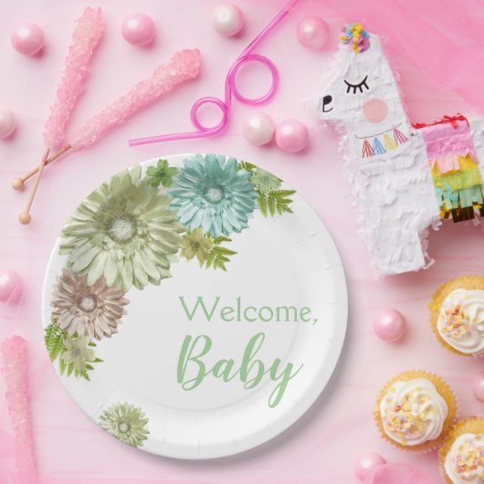 Assiettes En Carton Bébé Vert En Fleur Brunch Douche (Fête)
