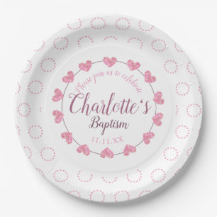 Assiettes En Carton Bébée baptême rose et blanc plaque de fleurs