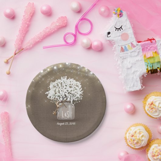 Assiettes En Carton Bébé's Breath Mason Jar Rustic Burlap Mariage (Fête)